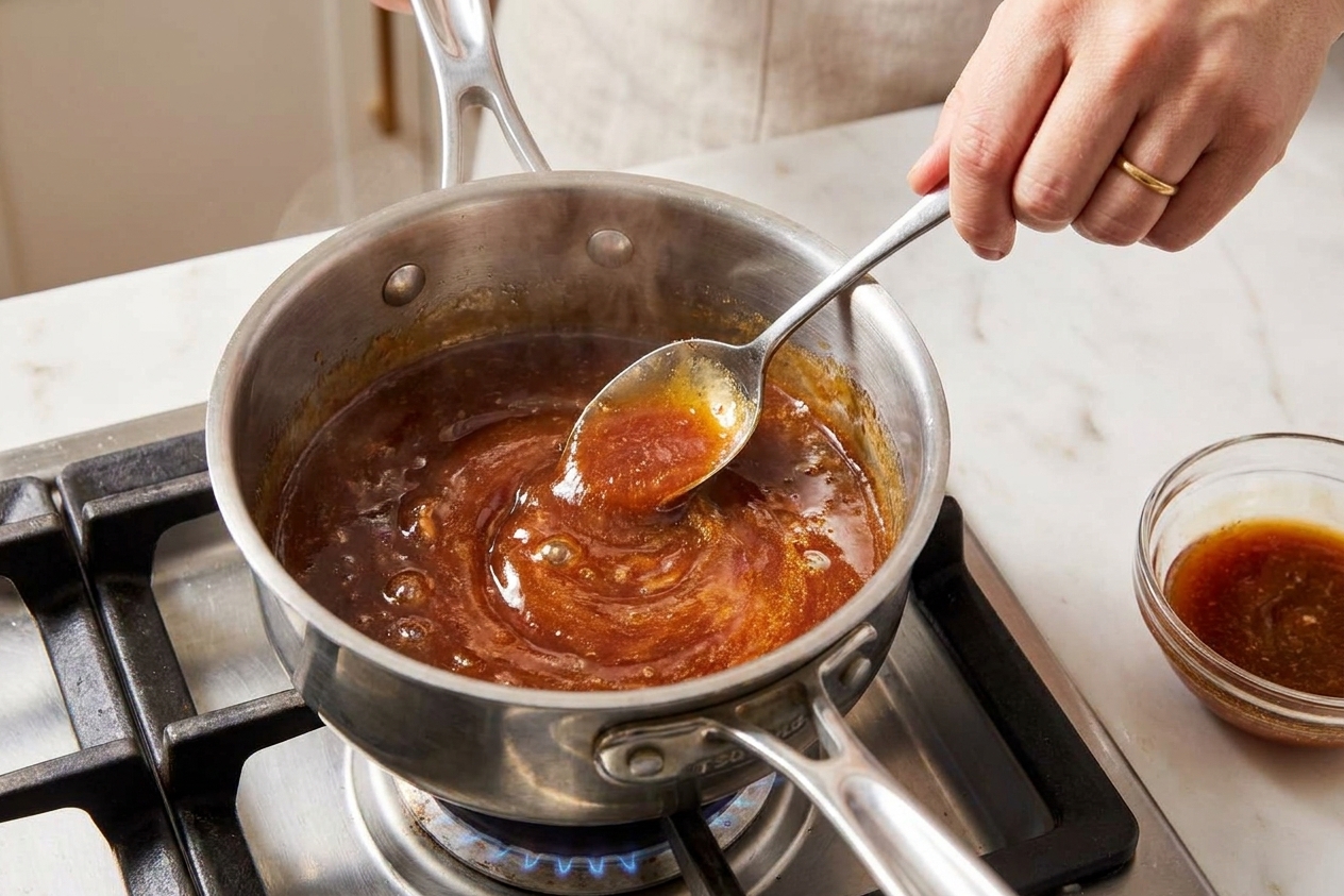 A small saucepan on a stove with brown sugar glaze being stirred with a spoon, showing a glossy reddish-brown sauce
