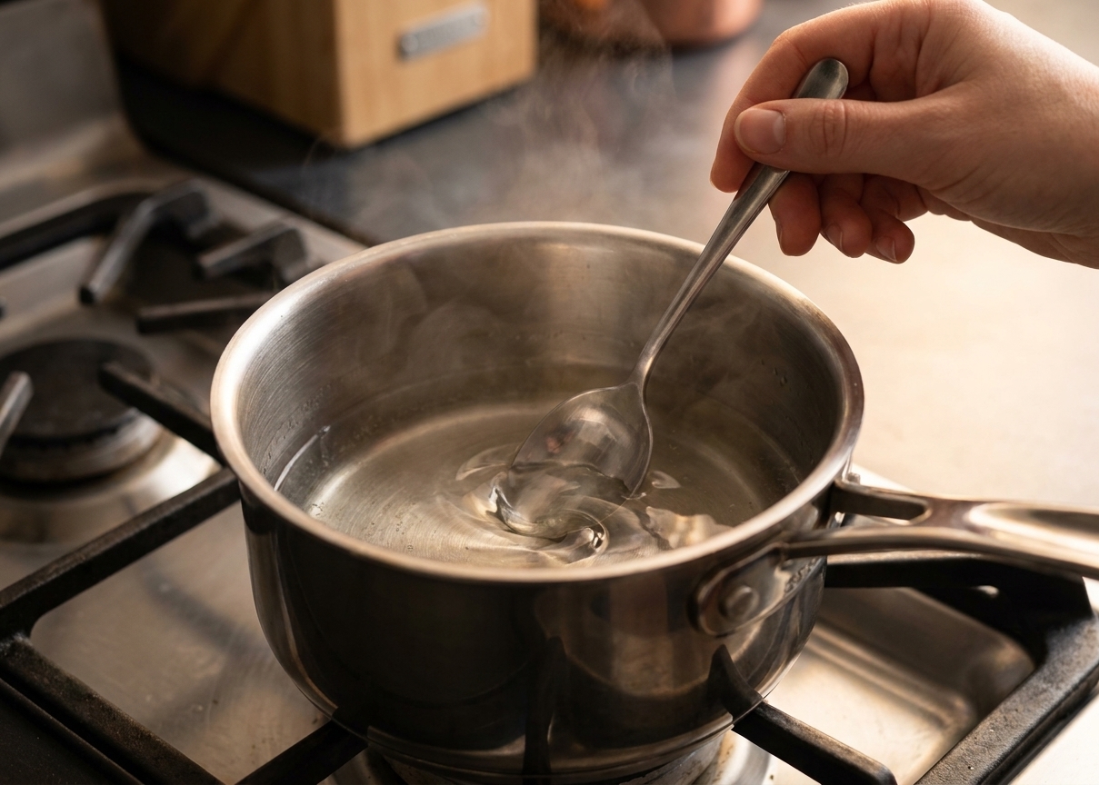 A small saucepan on a stove with clear simple syrup being stirred with a spoon, steam lightly rising