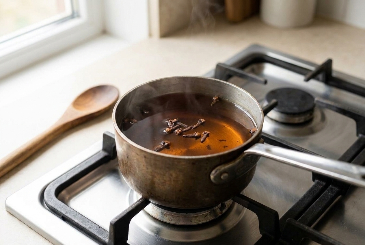 A small saucepan on a stove with clove tea gently simmering, whole cloves floating at the surface