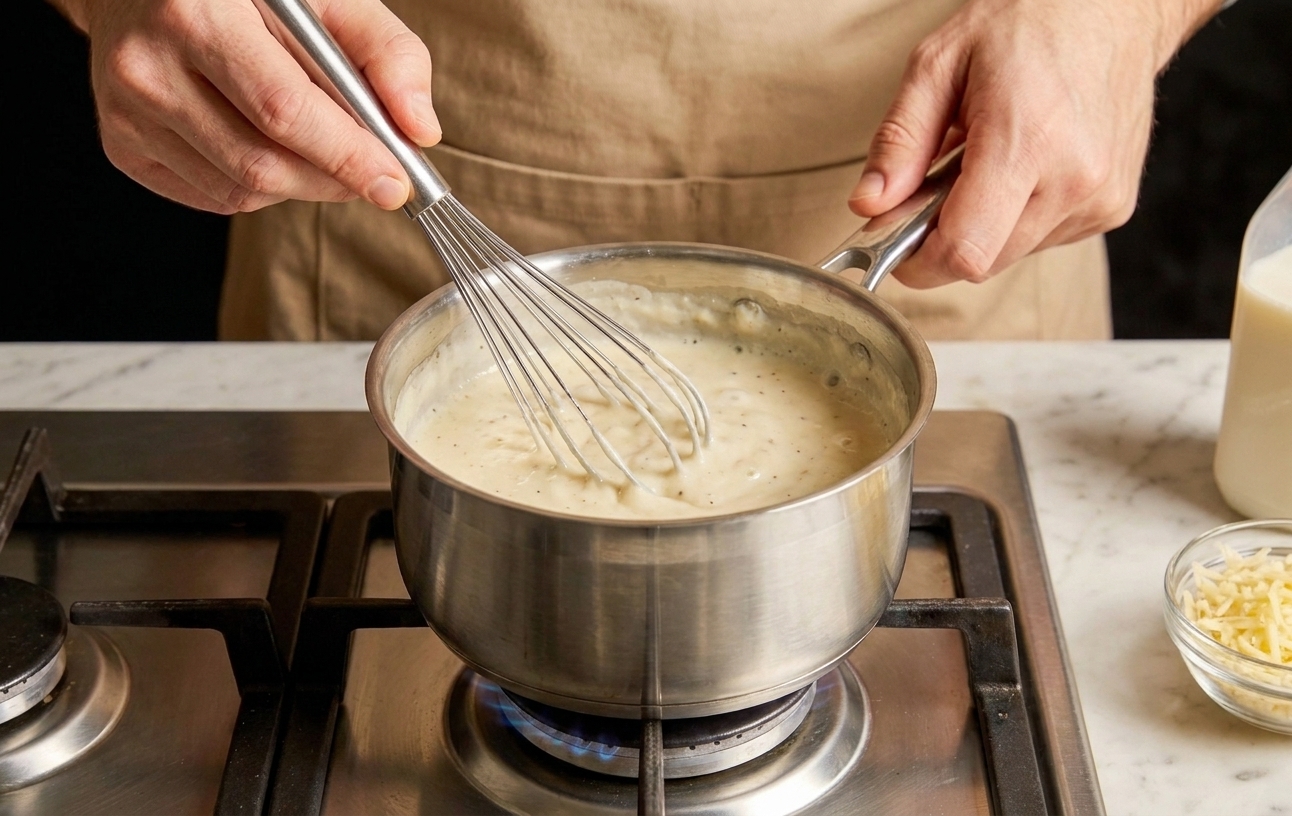 A small saucepan on a stove with creamy béchamel sauce being whisked smooth