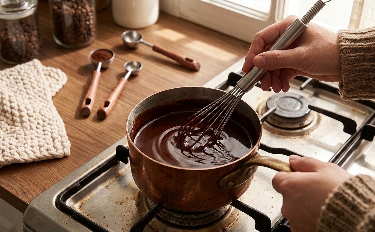 A small saucepan on a stove with dark cocoa syrup being whisked smooth