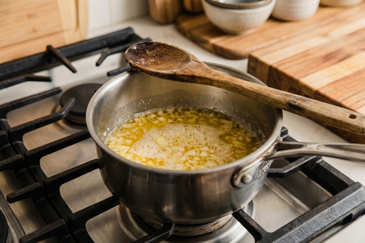A small saucepan on a stove with melted butter and minced garlic gently bubbling, with a wooden spoon resting on the rim