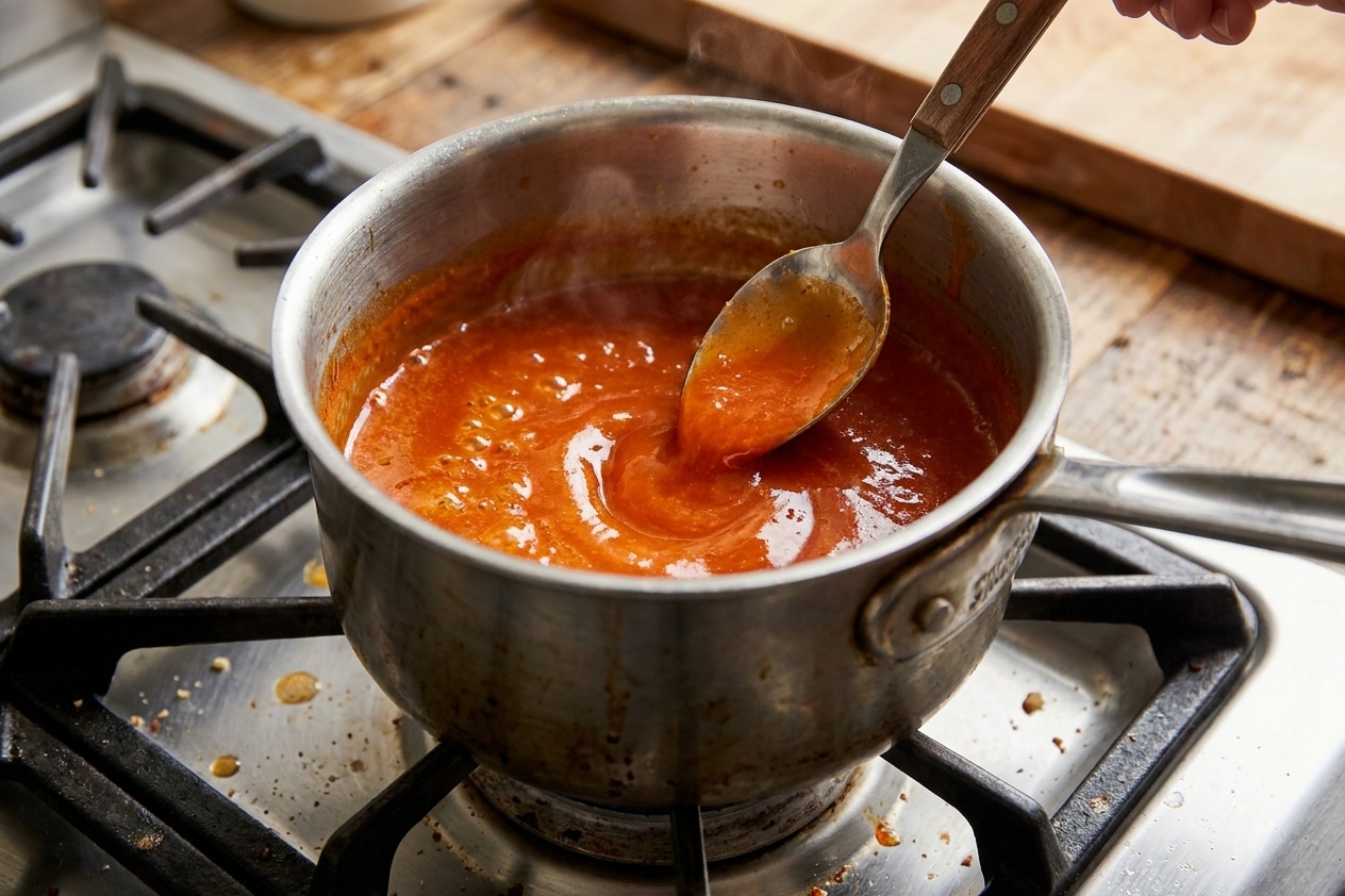 A small saucepan on a stove with orange-red Buffalo sauce being stirred with a spoon
