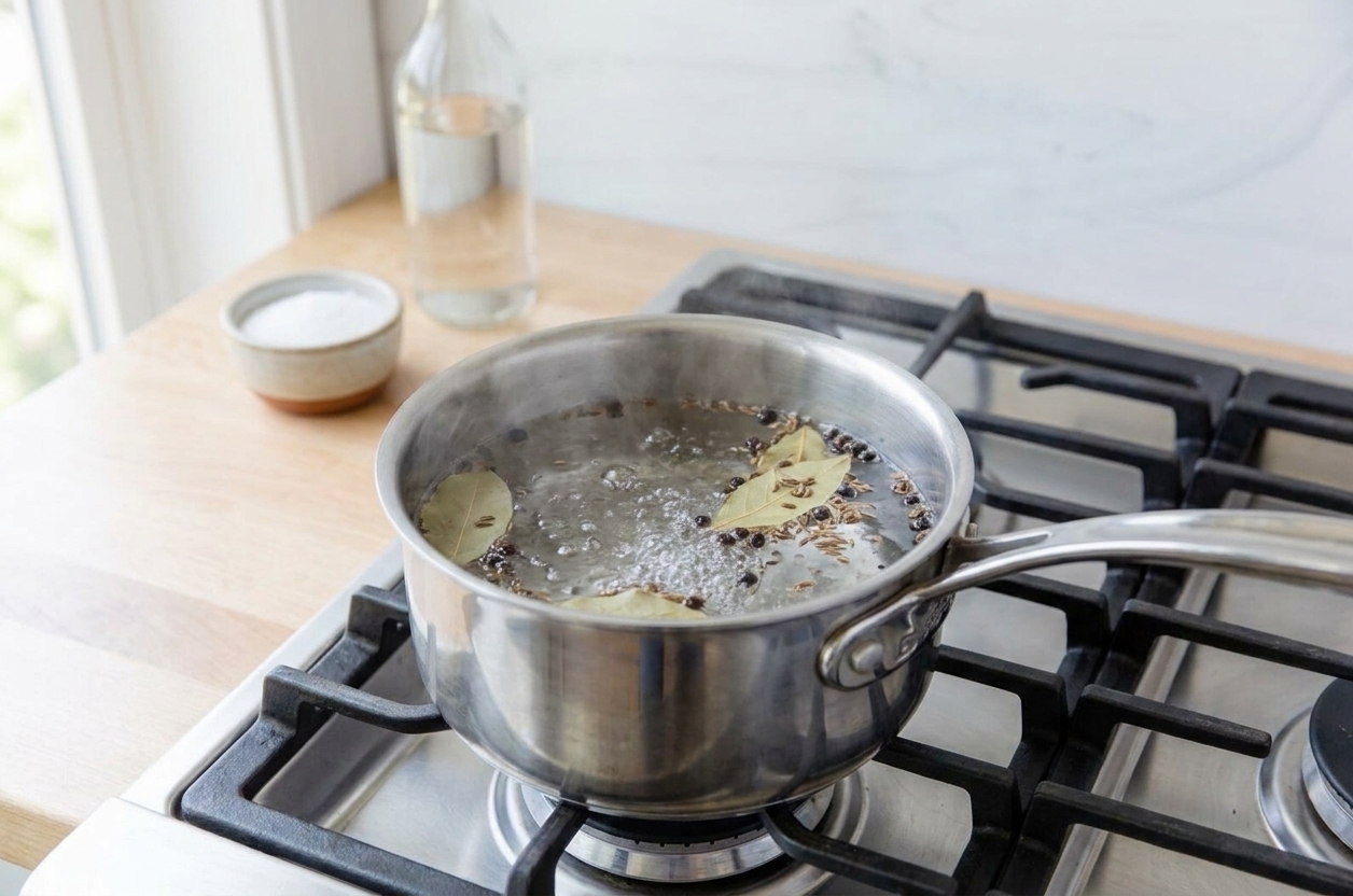 A small saucepan on a stove with pickling brine gently simmering and whole spices floating on top
