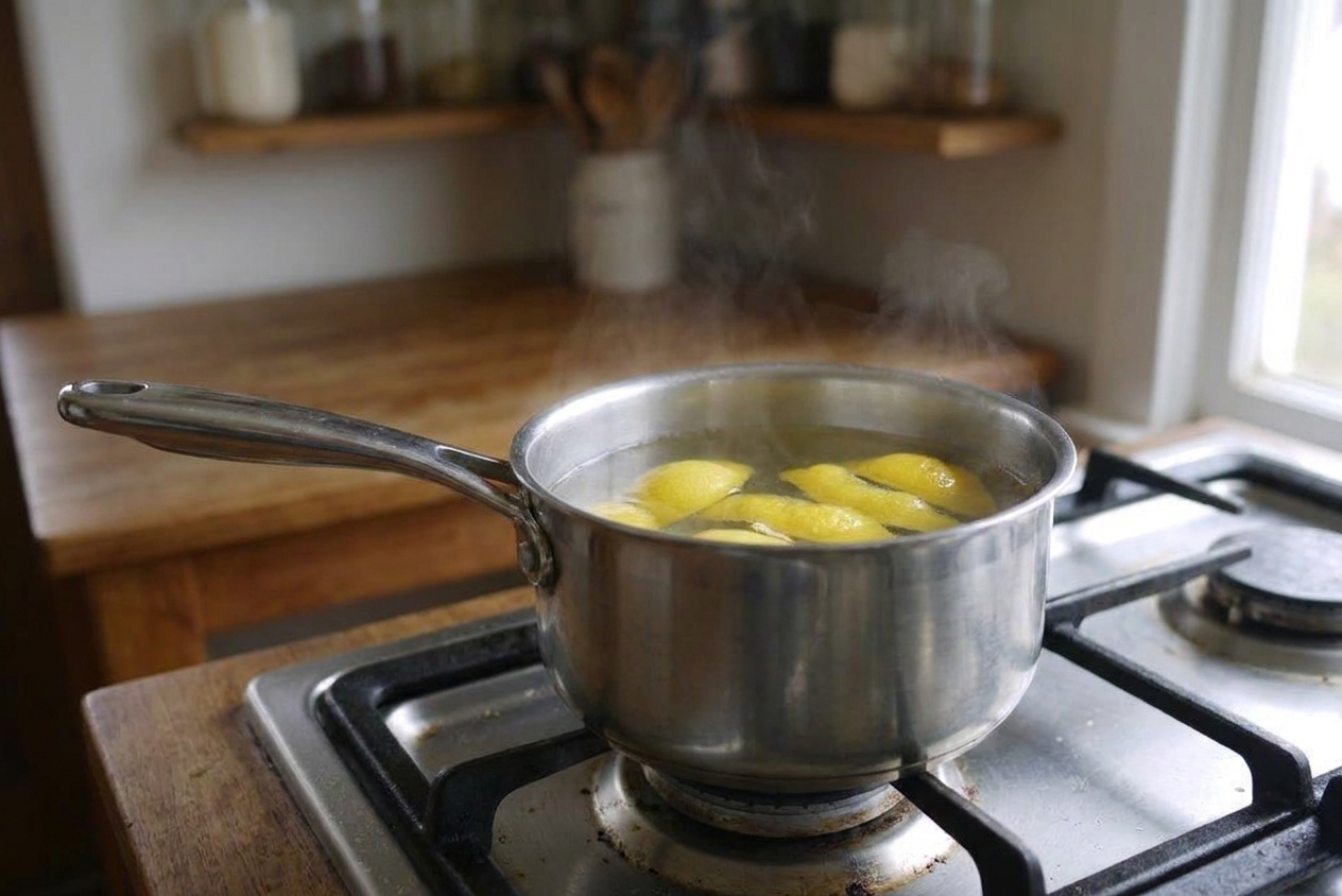 A small saucepan on a stove with pickling brine gently steaming with lemon peel floating on the surface