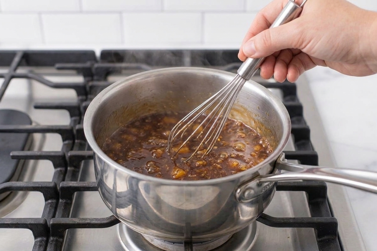 A small saucepan on a stove with pineapple-soy sauce being whisked as it simmers and turns glossy