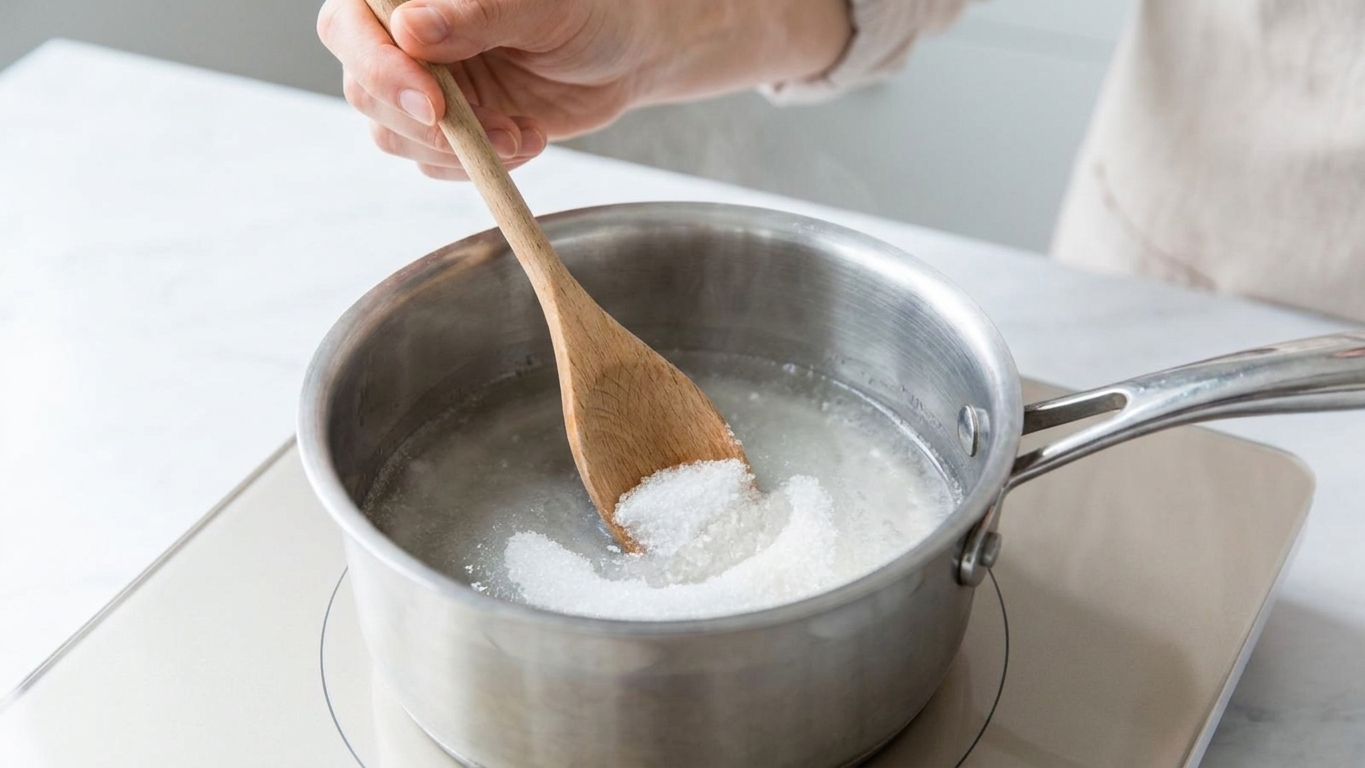 A small saucepan on a stove with sugar and water being stirred as it dissolves into clear simple syrup