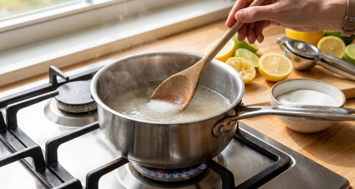 A small saucepan on a stove with sugar and water being stirred into clear simple syrup