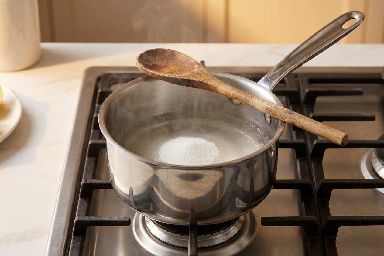 A small saucepan on a stove with sugar dissolving into water to make simple syrup, with a wooden spoon resting on the rim