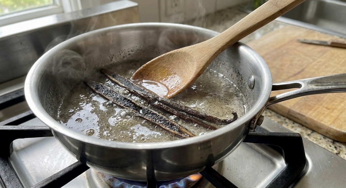 A small saucepan on a stove with vanilla beans gently simmering in clear sugar syrup, with light steam rising