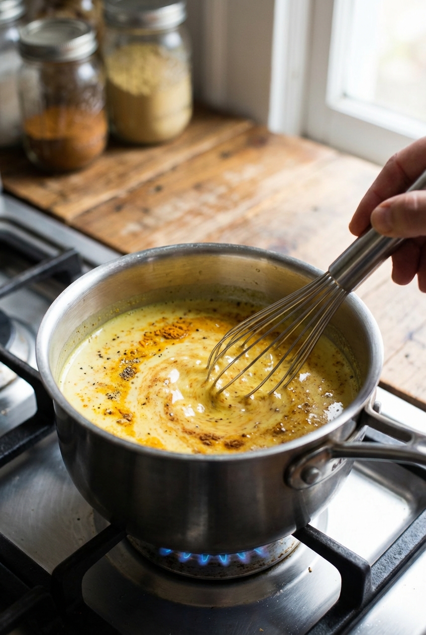 A small saucepan on a stovetop as golden milk is whisked smooth, with spices dissolving into the warm milk