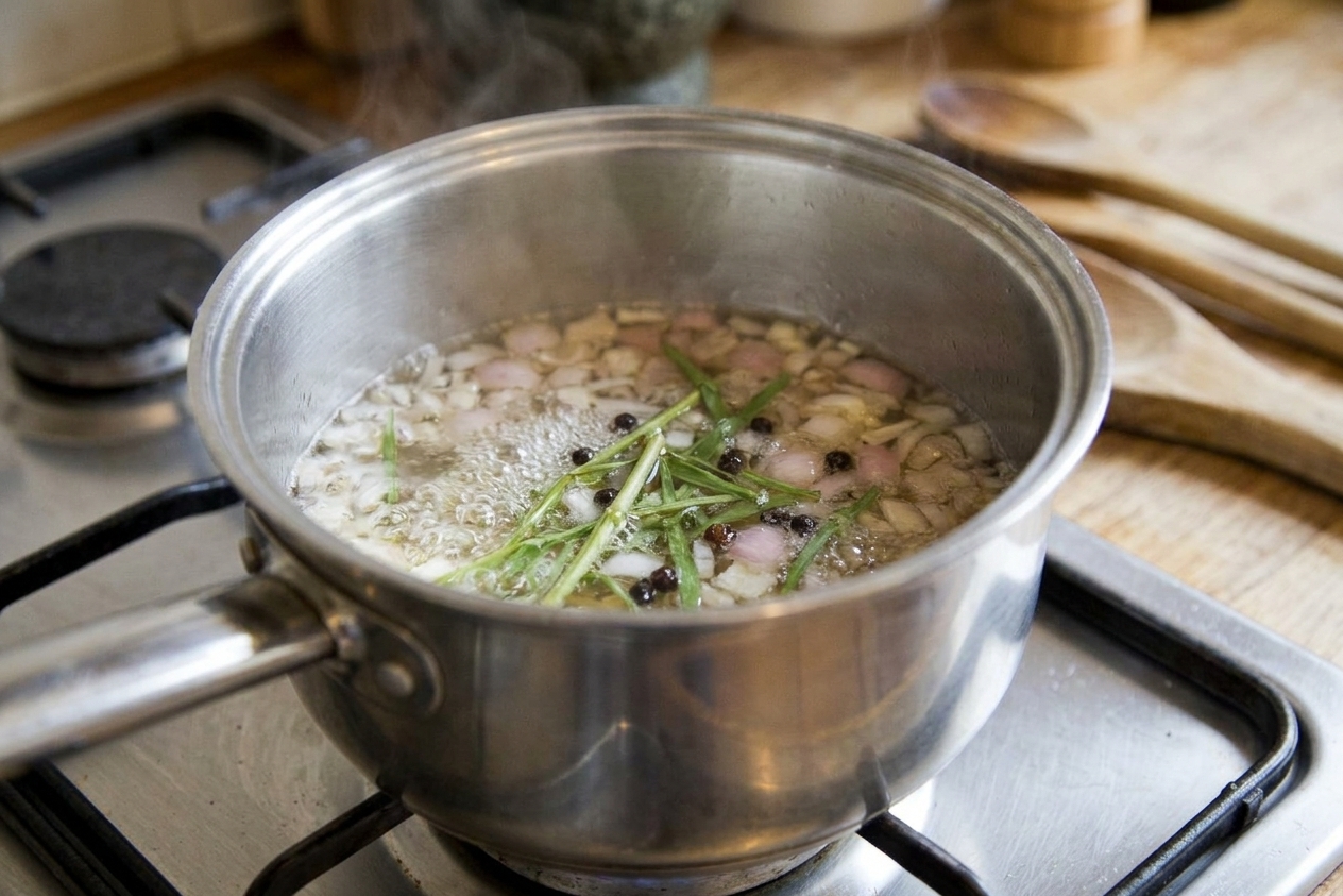 A small saucepan on a stovetop holding chopped shallots, tarragon stems, and peppercorns as vinegar bubbles gently