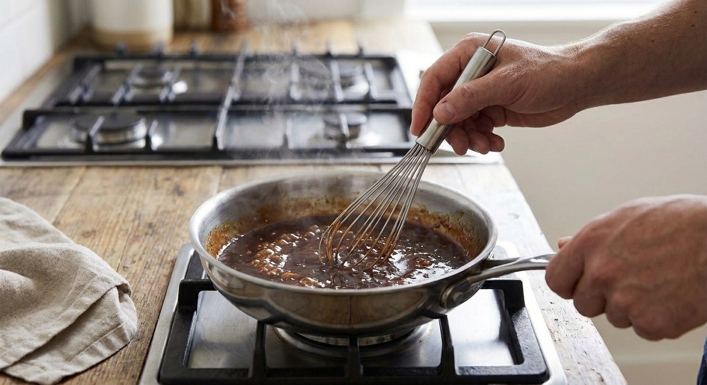 A small saucepan on a stovetop with Korean BBQ sauce simmering gently and being whisked until glossy