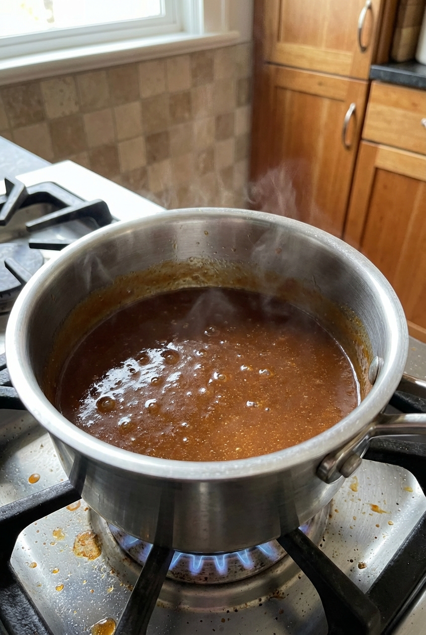 A small saucepan on a stovetop with a glossy brown tangy-sweet sauce simmering