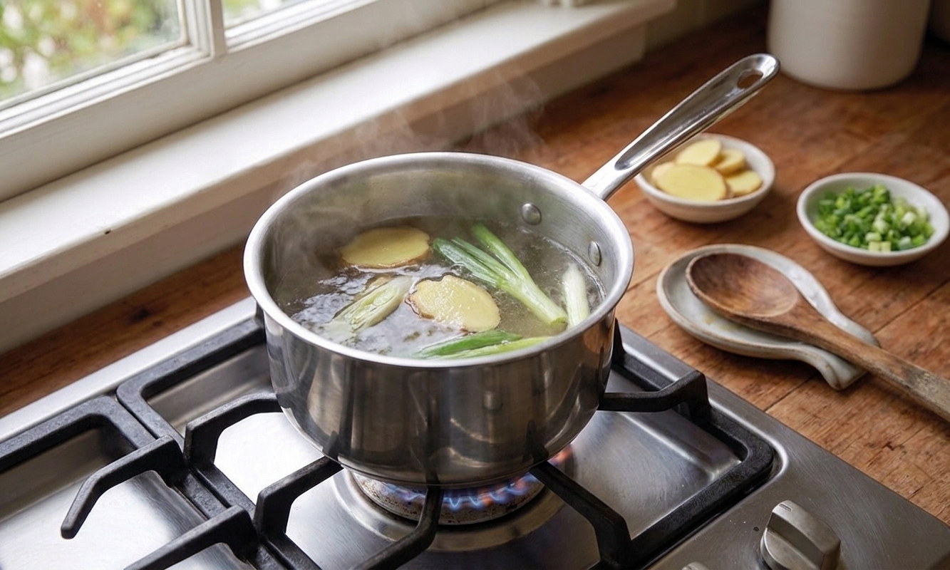 A small saucepan on a stovetop with broth simmering alongside ginger slices and scallion pieces