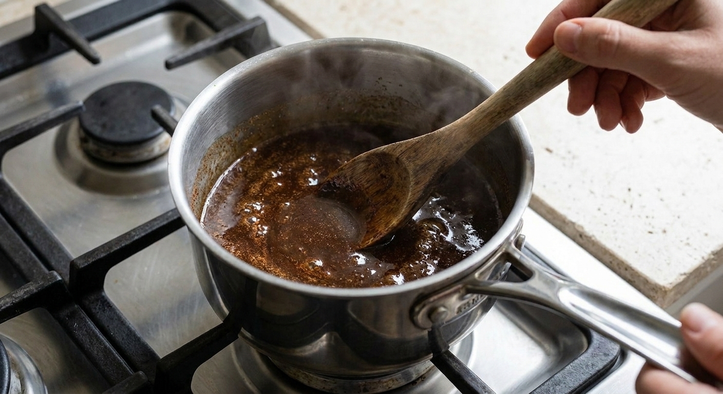 A small saucepan on a stovetop with brown sugar cinnamon syrup being stirred with a spoon while it turns glossy