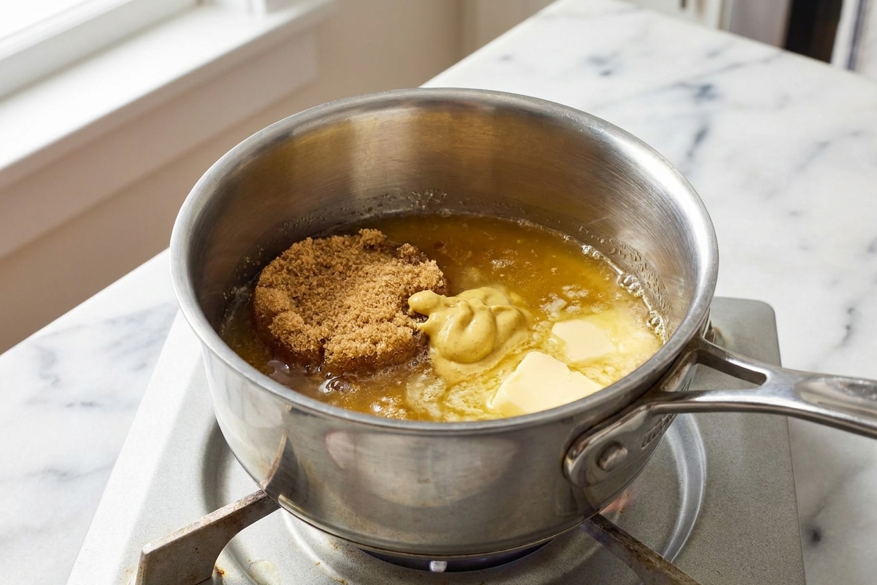 A small saucepan on a stovetop with brown sugar, pineapple juice, Dijon mustard, and butter starting to melt together