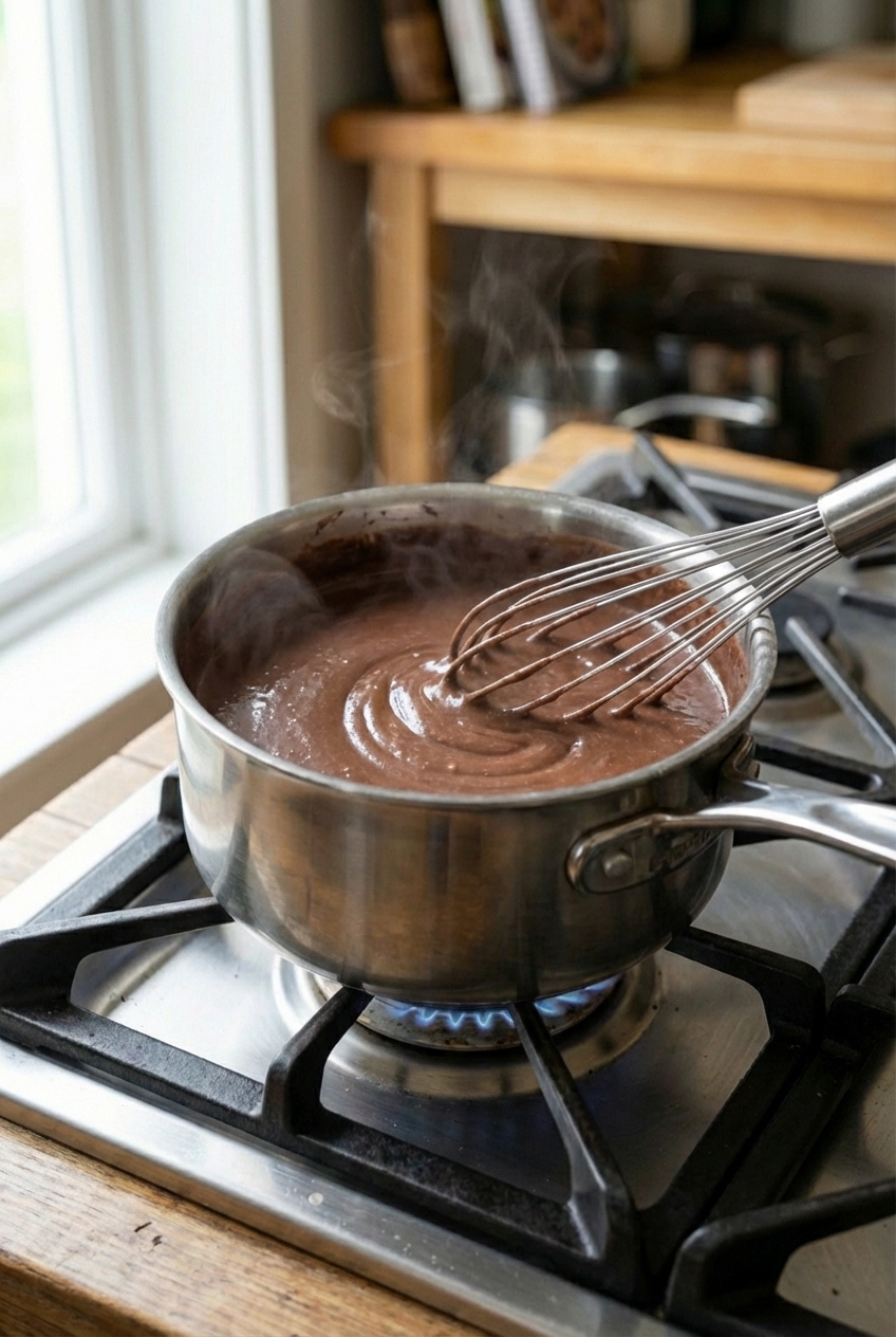 A small saucepan on a stovetop with chocolate champurrado being whisked until smooth