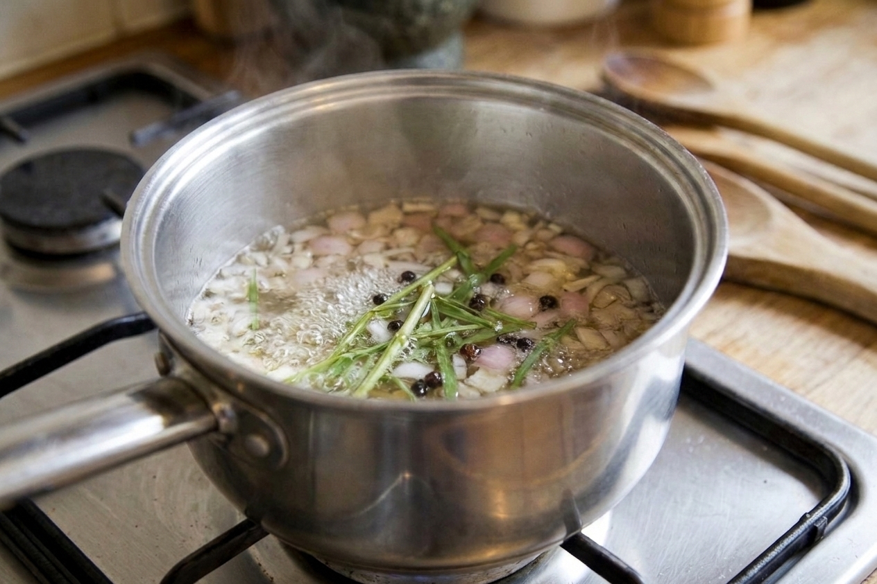 A small saucepan on a stovetop with chopped shallots, black peppercorns, and tarragon stems simmering in a shallow pool of vinegar reduction