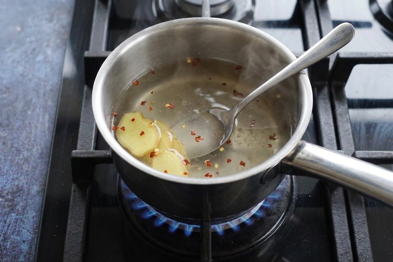 A small saucepan on a stovetop with clear pickling brine being stirred with a spoon, gentle steam rising