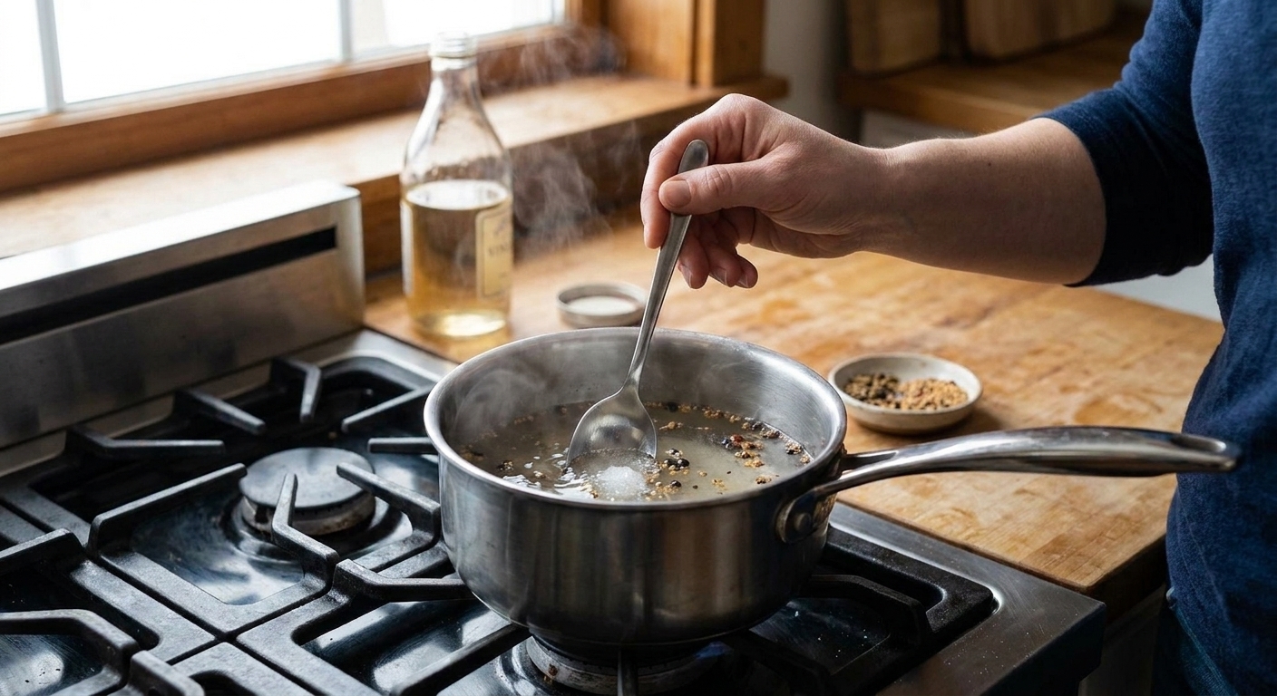 A small saucepan on a stovetop with clear pickling brine being stirred with a spoon