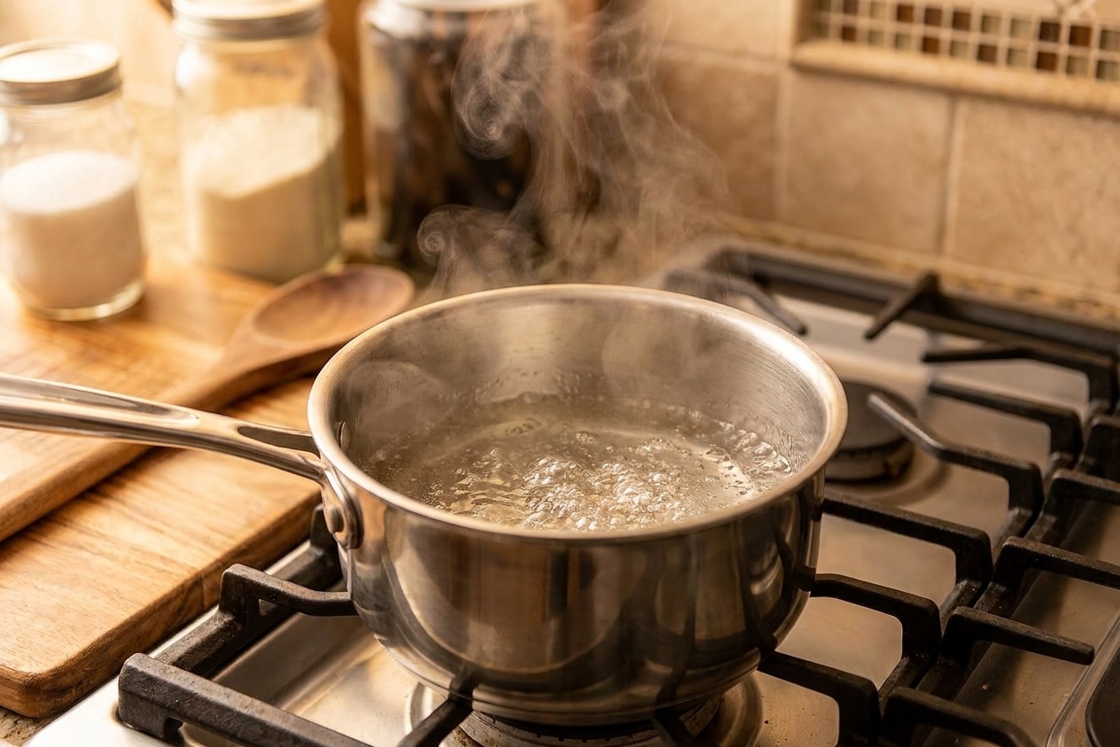 A small saucepan on a stovetop with clear sugar syrup gently simmering, steam rising in warm kitchen light