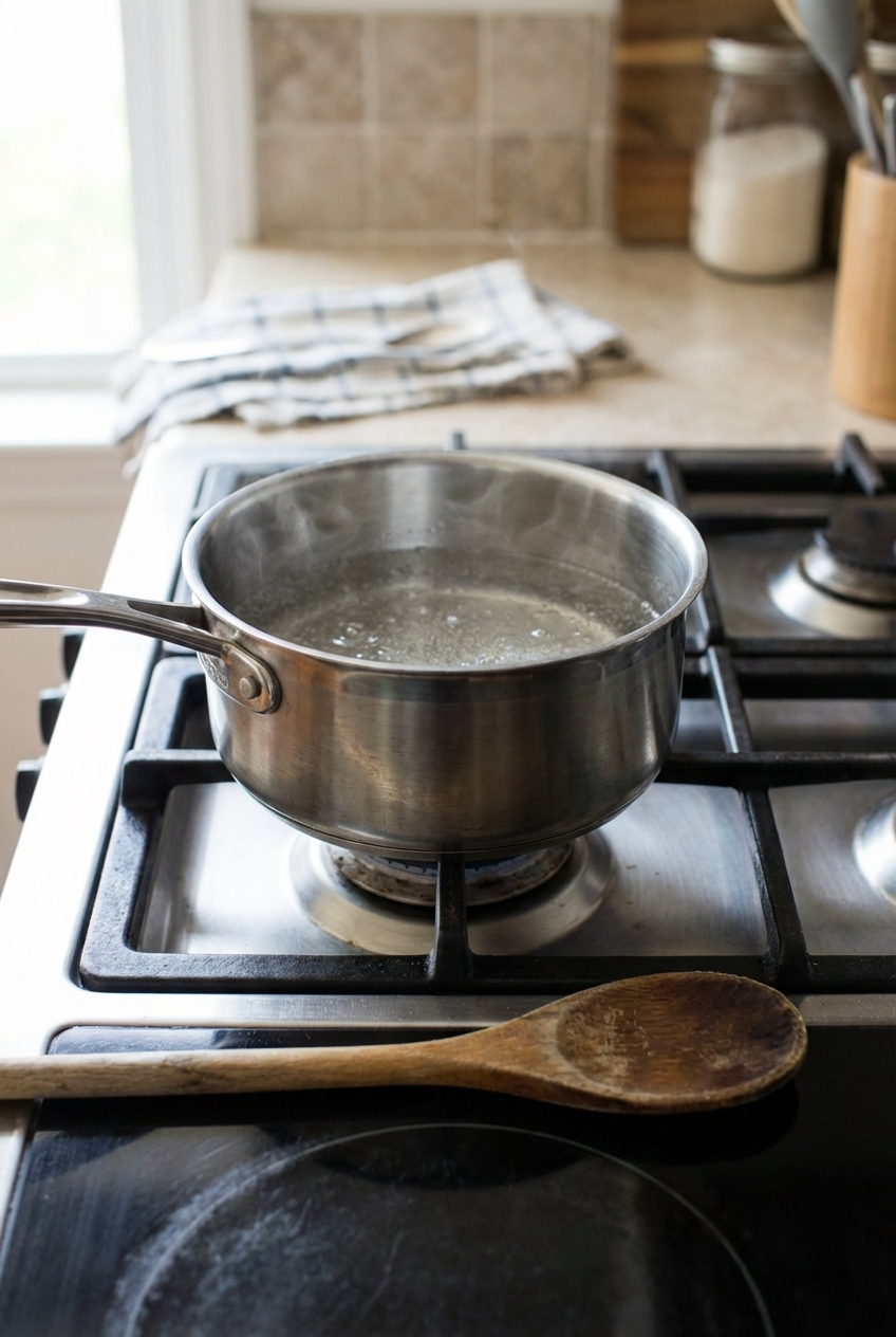 A small saucepan on a stovetop with clear sugar water just coming to a simmer, a wooden spoon resting nearby