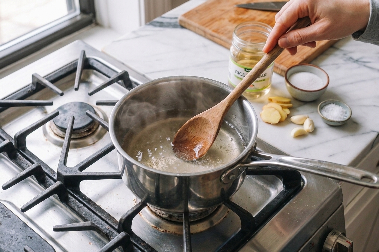 A small saucepan on a stovetop with clear vinegar brine being stirred with a spoon