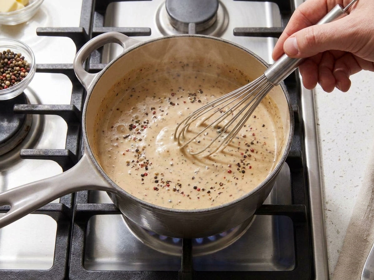 A small saucepan on a stovetop with creamy peppercorn sauce being whisked as it warms, steam rising gently