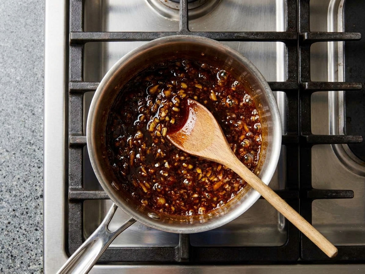 A small saucepan on a stovetop with dark glossy General Tso sauce bubbling gently, with minced garlic and ginger visible in the sauce