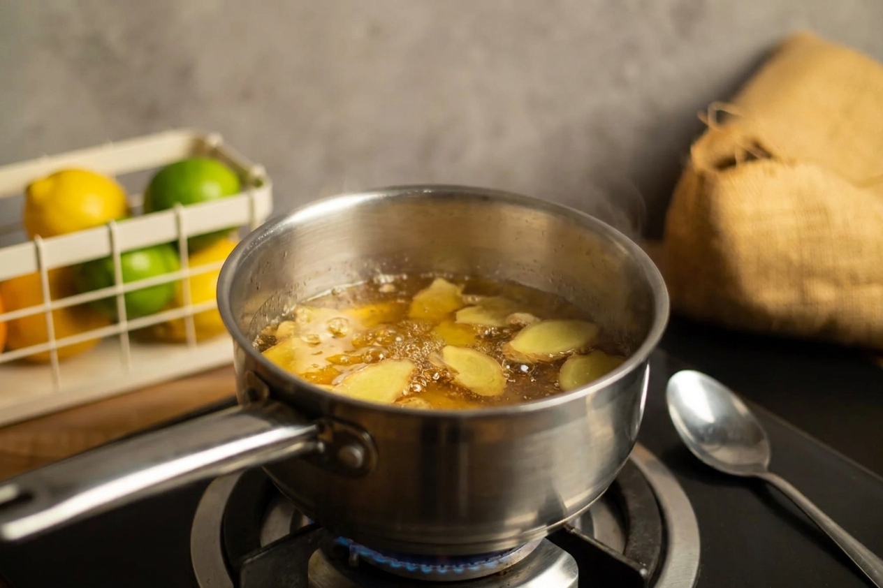 A small saucepan on a stovetop with honey, water, and sliced ginger gently simmering, with a spoon resting nearby