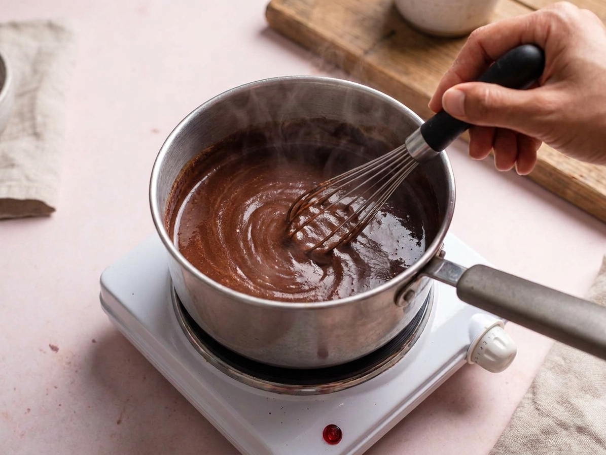A small saucepan on a stovetop with hot chocolate being whisked until smooth, steam rising in a cozy home kitchen