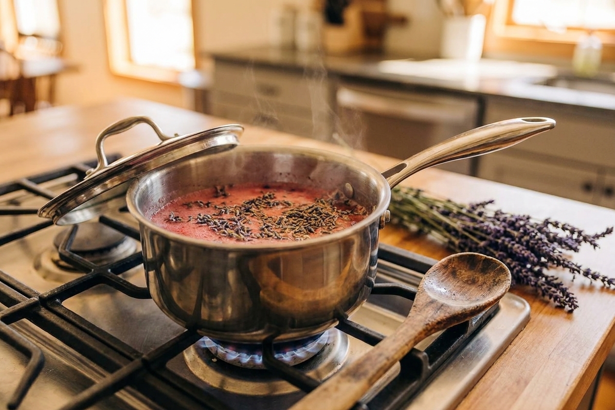 A small saucepan on a stovetop with lavender buds steeping in hot simple syrup, a lid slightly ajar and a wooden spoon resting nearby, warm kitchen lighting
