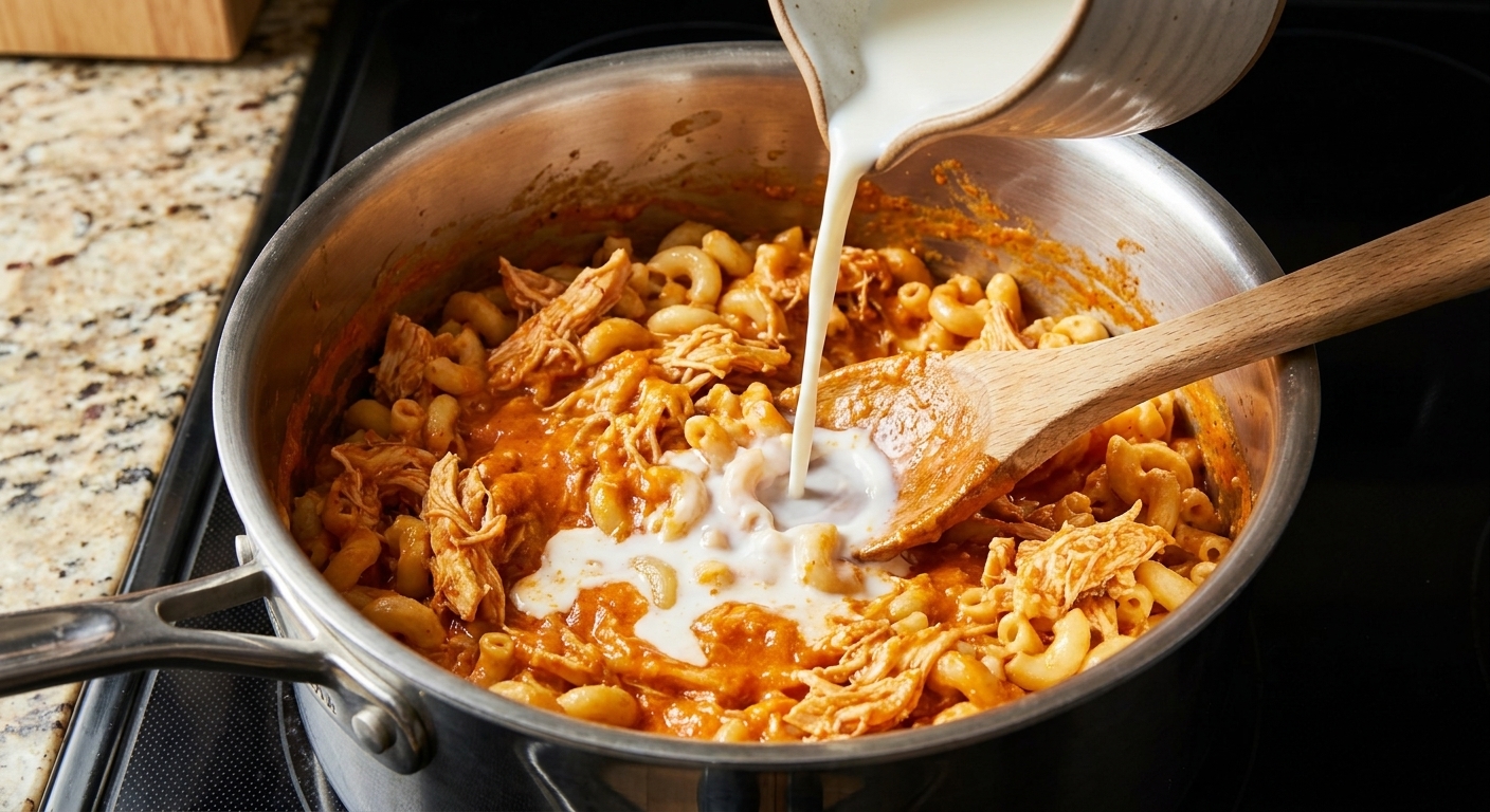 A small saucepan on a stovetop with leftover Buffalo chicken mac and cheese being stirred with a splash of milk to loosen the sauce