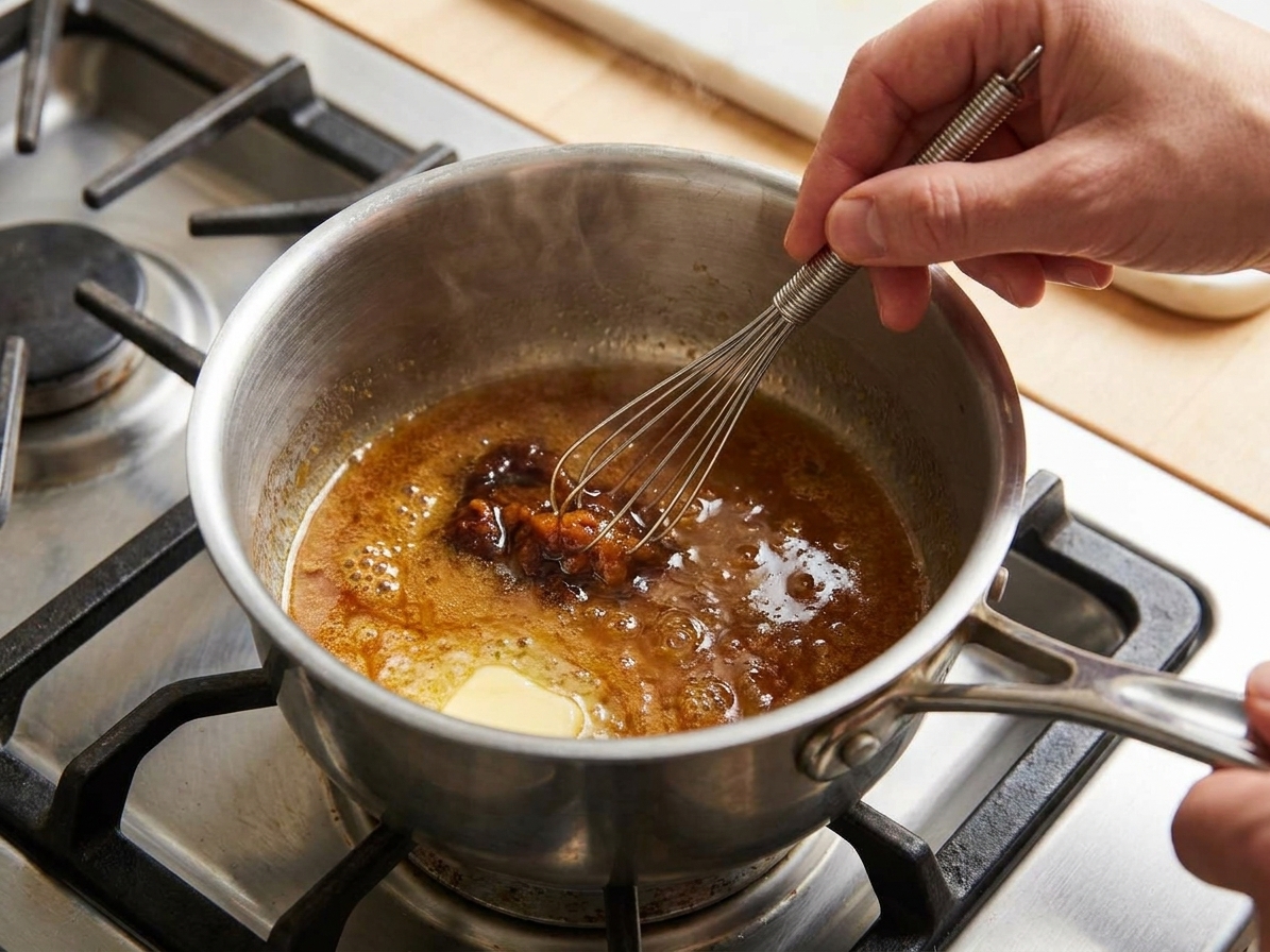 A small saucepan on a stovetop with melted butter being whisked with miso paste and maple syrup, creating a glossy sauce