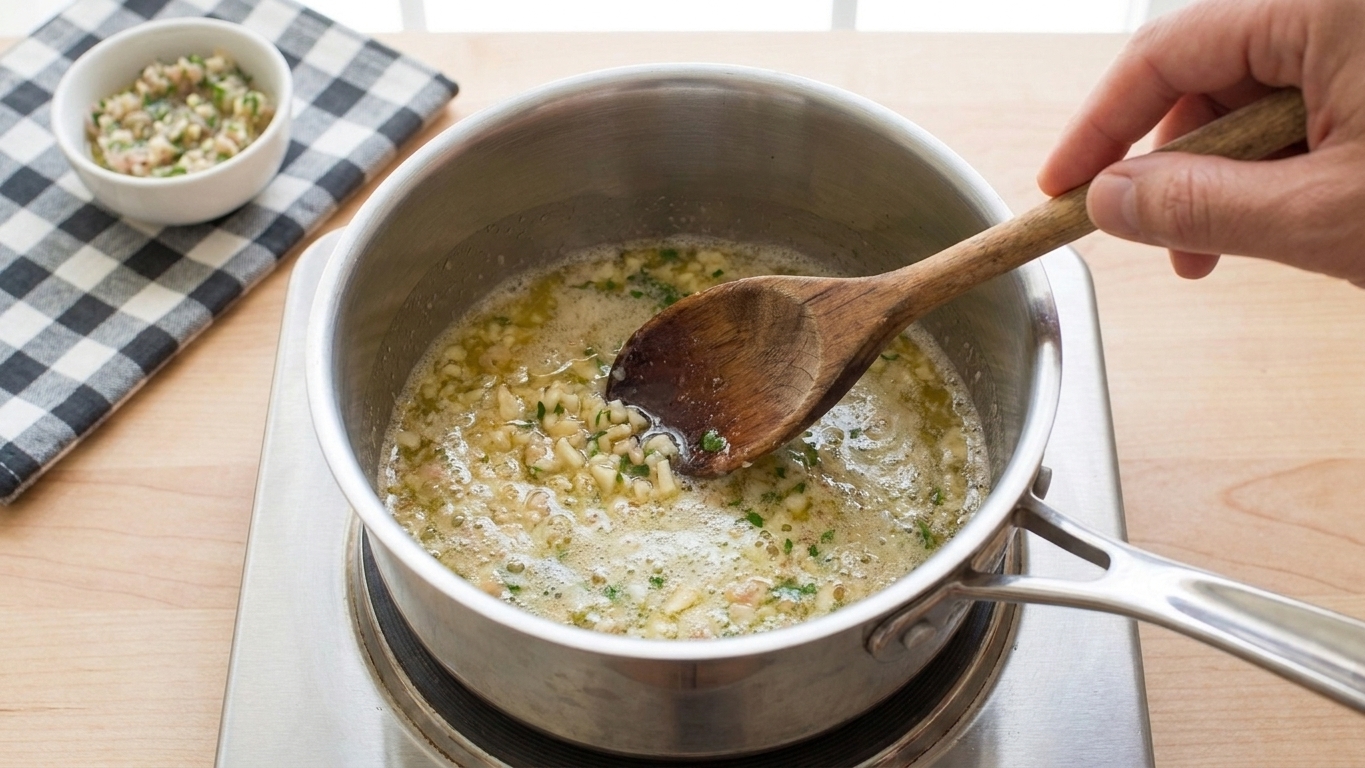 A small saucepan on a stovetop with melted butter and minced garlic being stirred with a wooden spoon