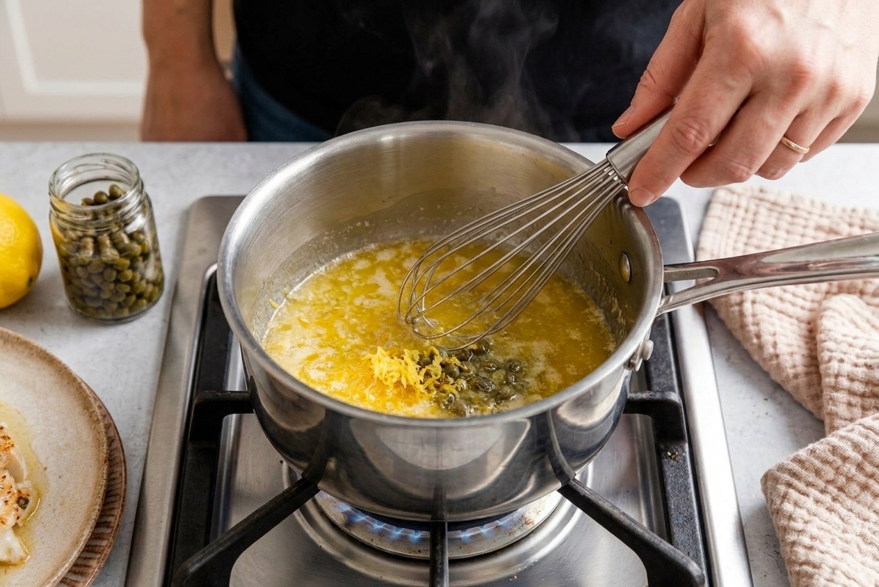 A small saucepan on a stovetop with melted butter being stirred with lemon zest and capers