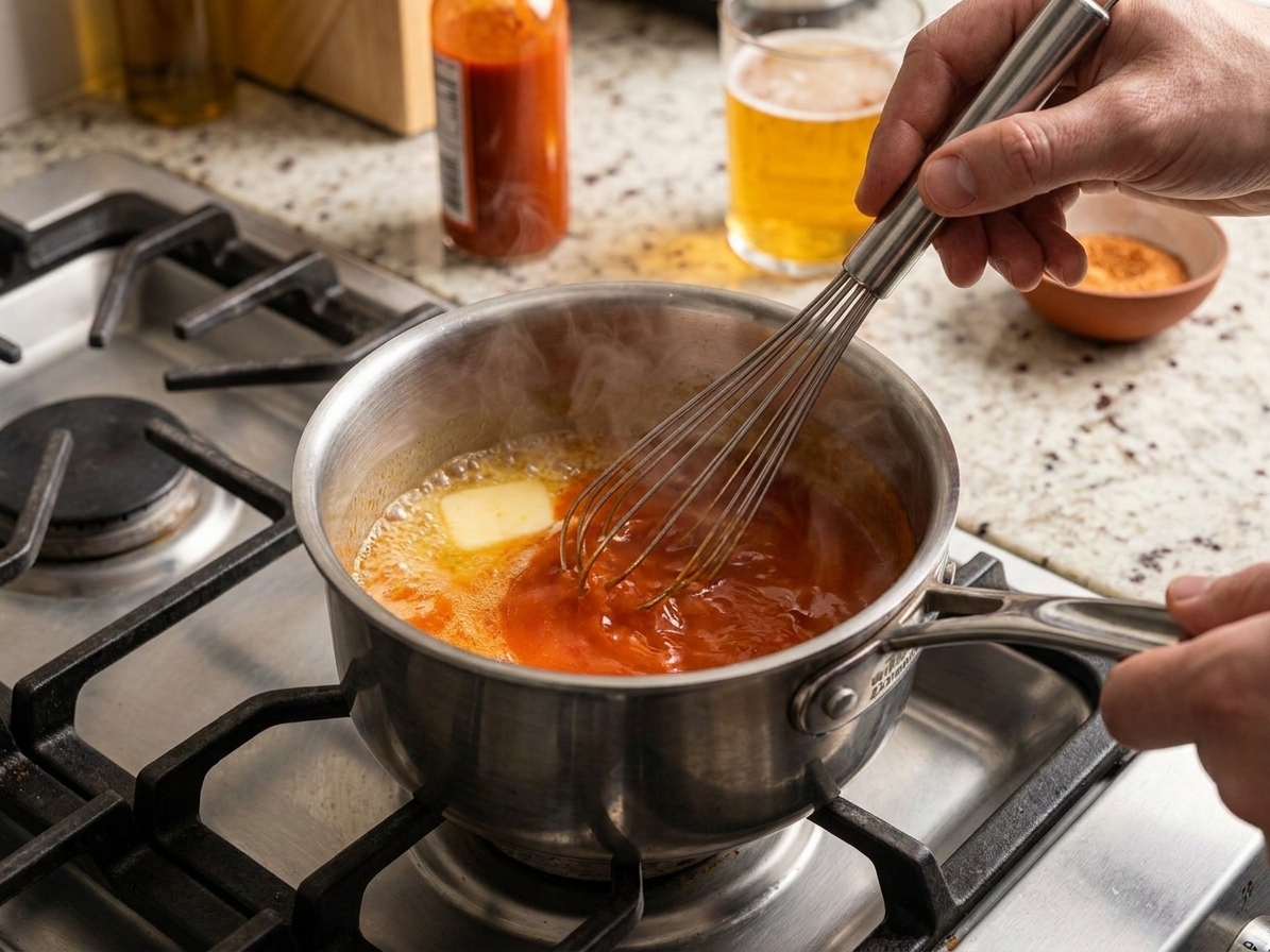 A small saucepan on a stovetop with melted butter being whisked together with hot sauce