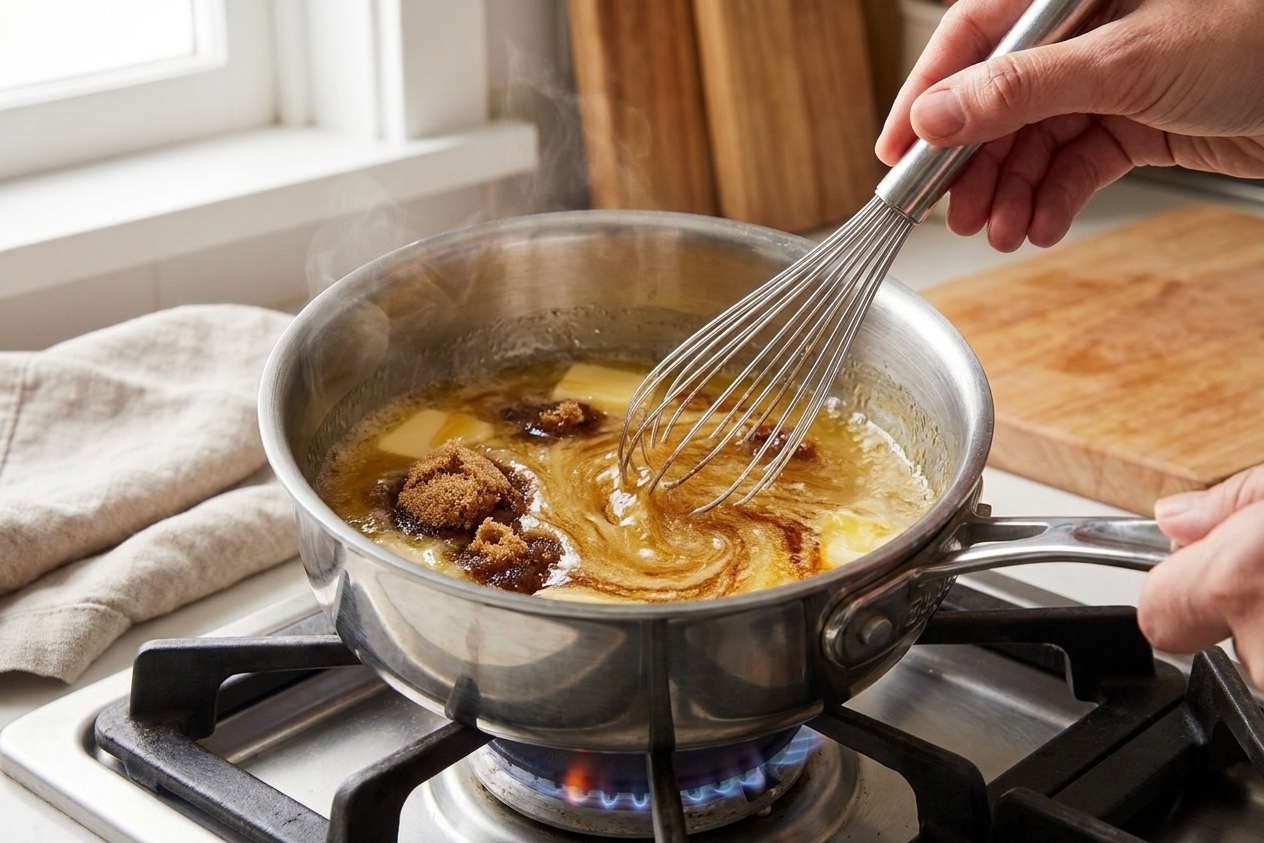 A small saucepan on a stovetop with melted butter, honey, and brown sugar being whisked into a smooth glaze