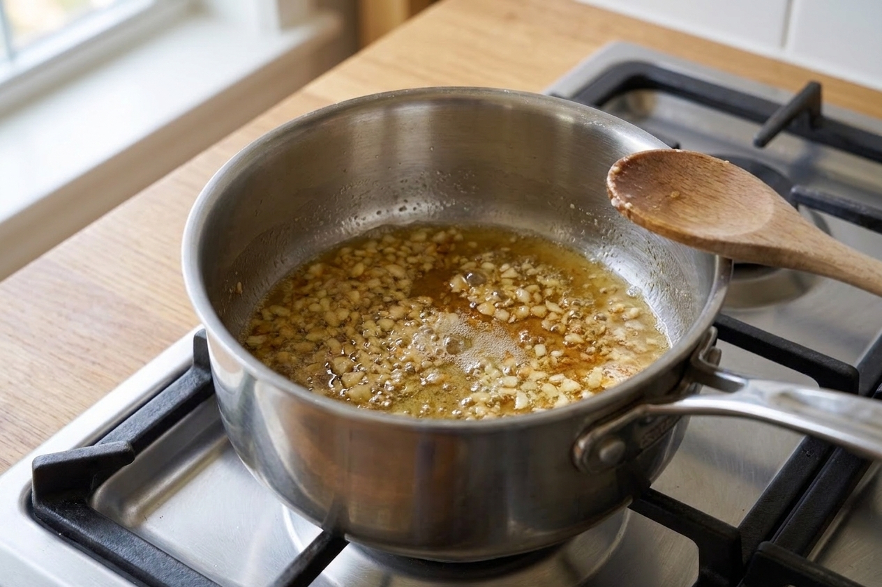 A small saucepan on a stovetop with melted butter and minced garlic gently sizzling, ready to finish roasted smashed potatoes