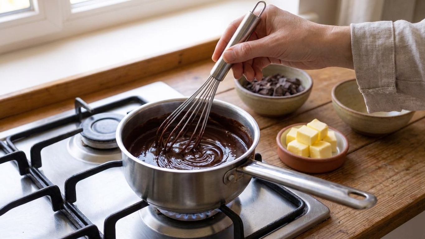 A small saucepan on a stovetop with melted chocolate and sugar mixture being whisked, with butter and chopped dark chocolate nearby on a wooden counter