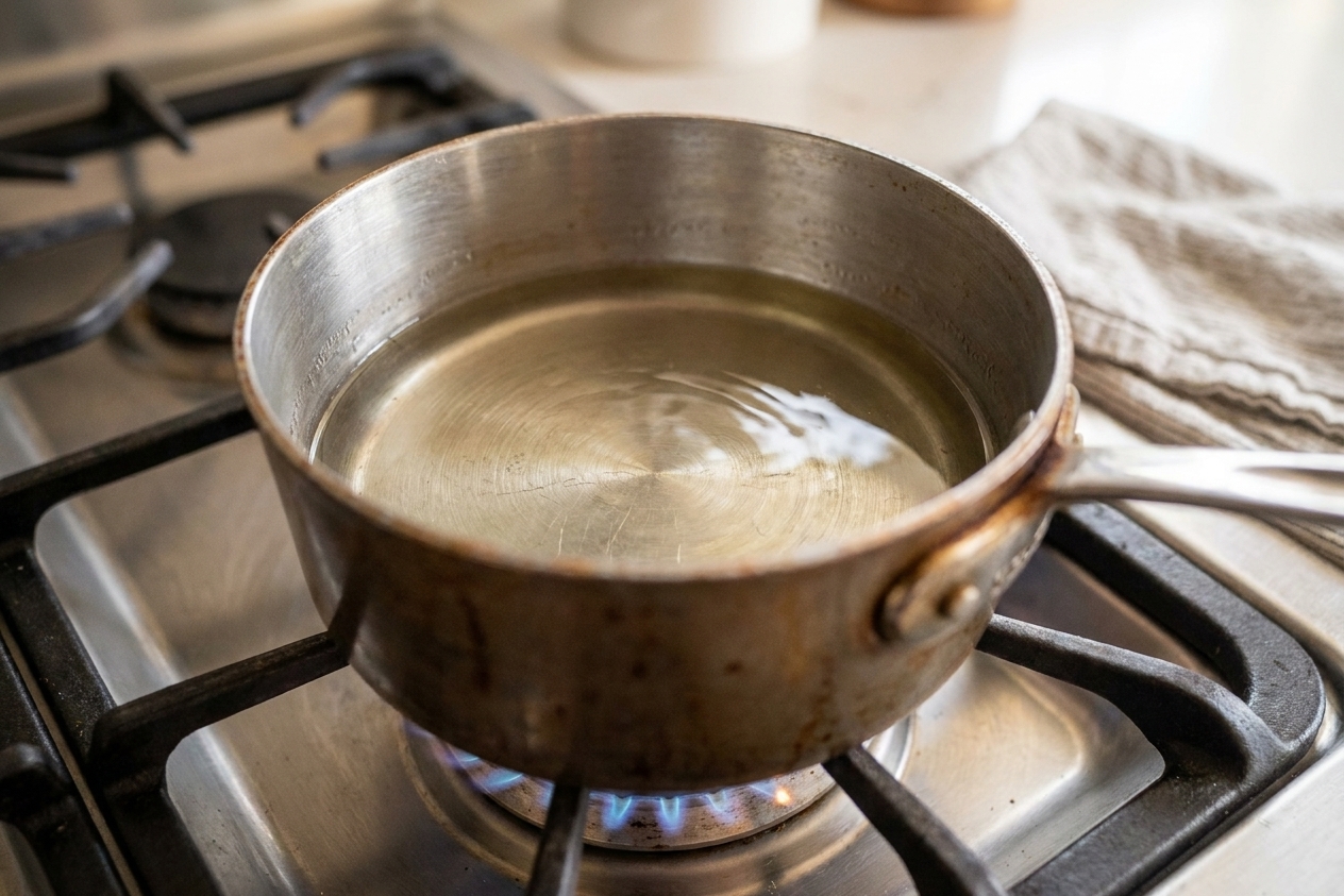 A small saucepan on a stovetop with melted coconut oil warming over low heat