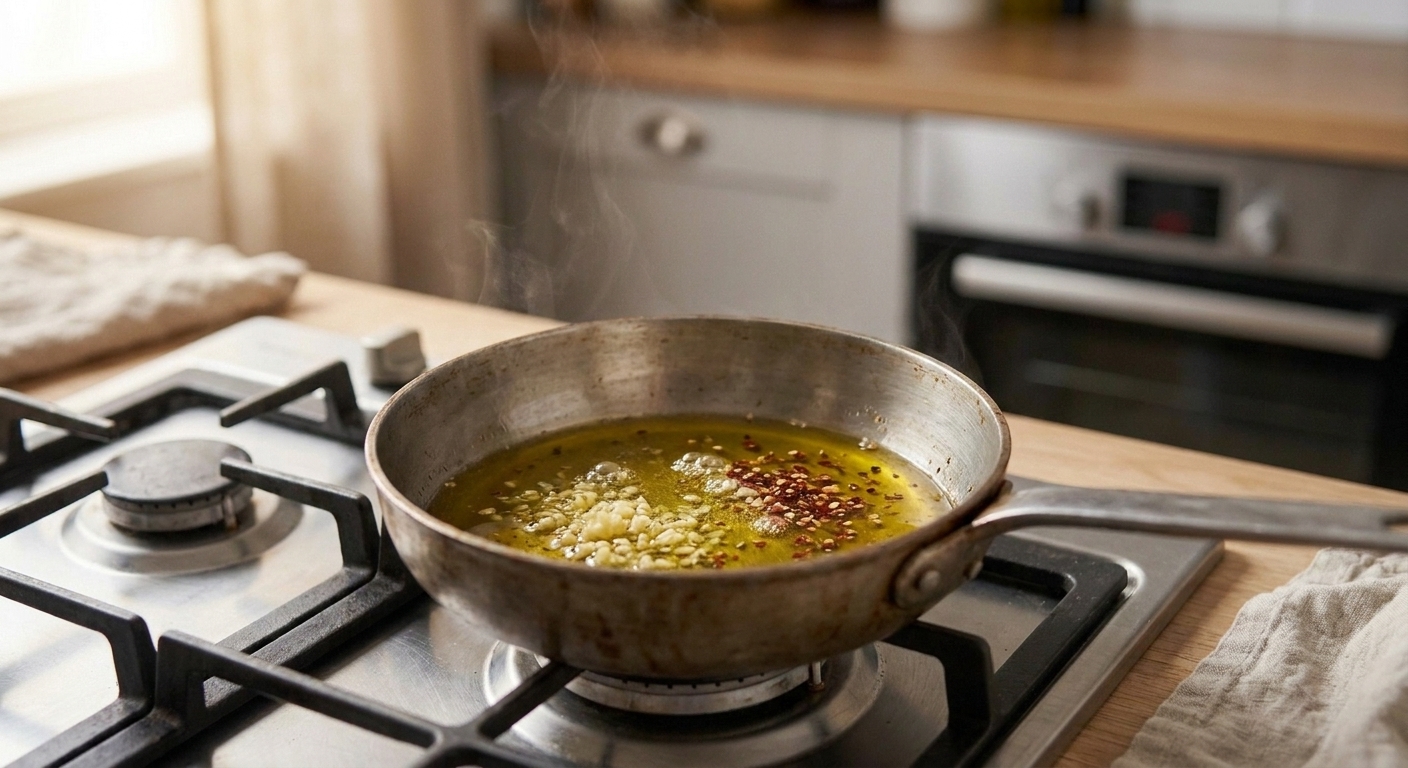 A small saucepan on a stovetop with olive oil gently warming and minced garlic and red pepper flakes swirling