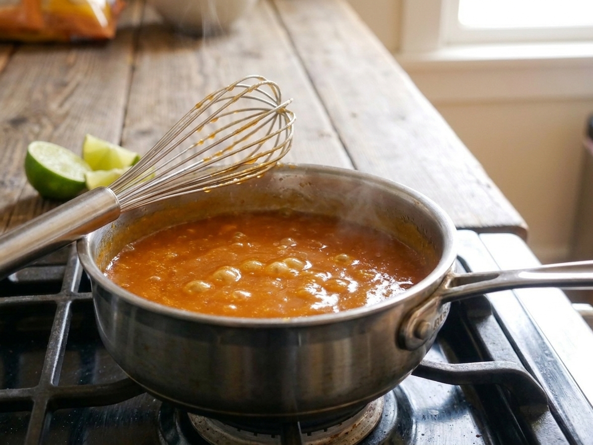 A small saucepan on a stovetop with orange sauce simmering gently, a whisk resting on the rim, and a sliced lime on the counter nearby