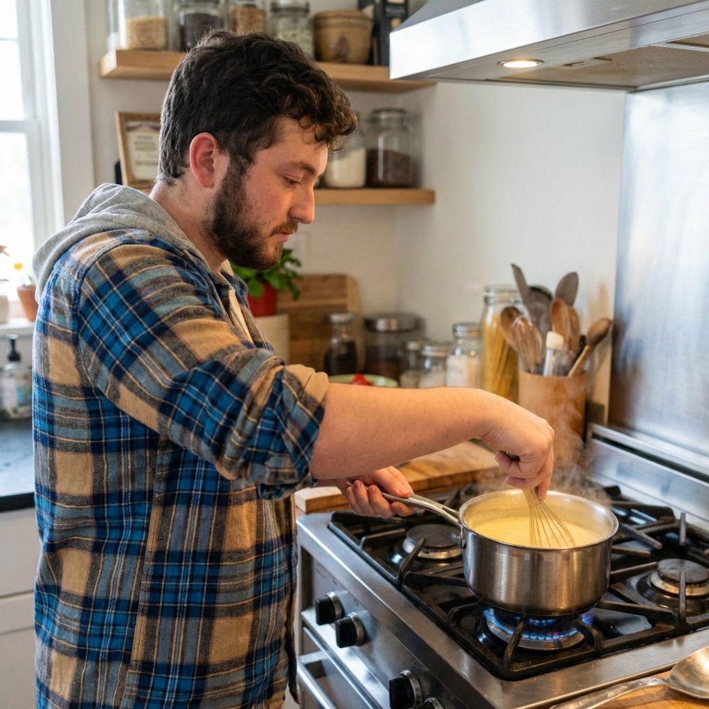 A small saucepan on a stovetop with pale eggnog custard being whisked while steam gently rises