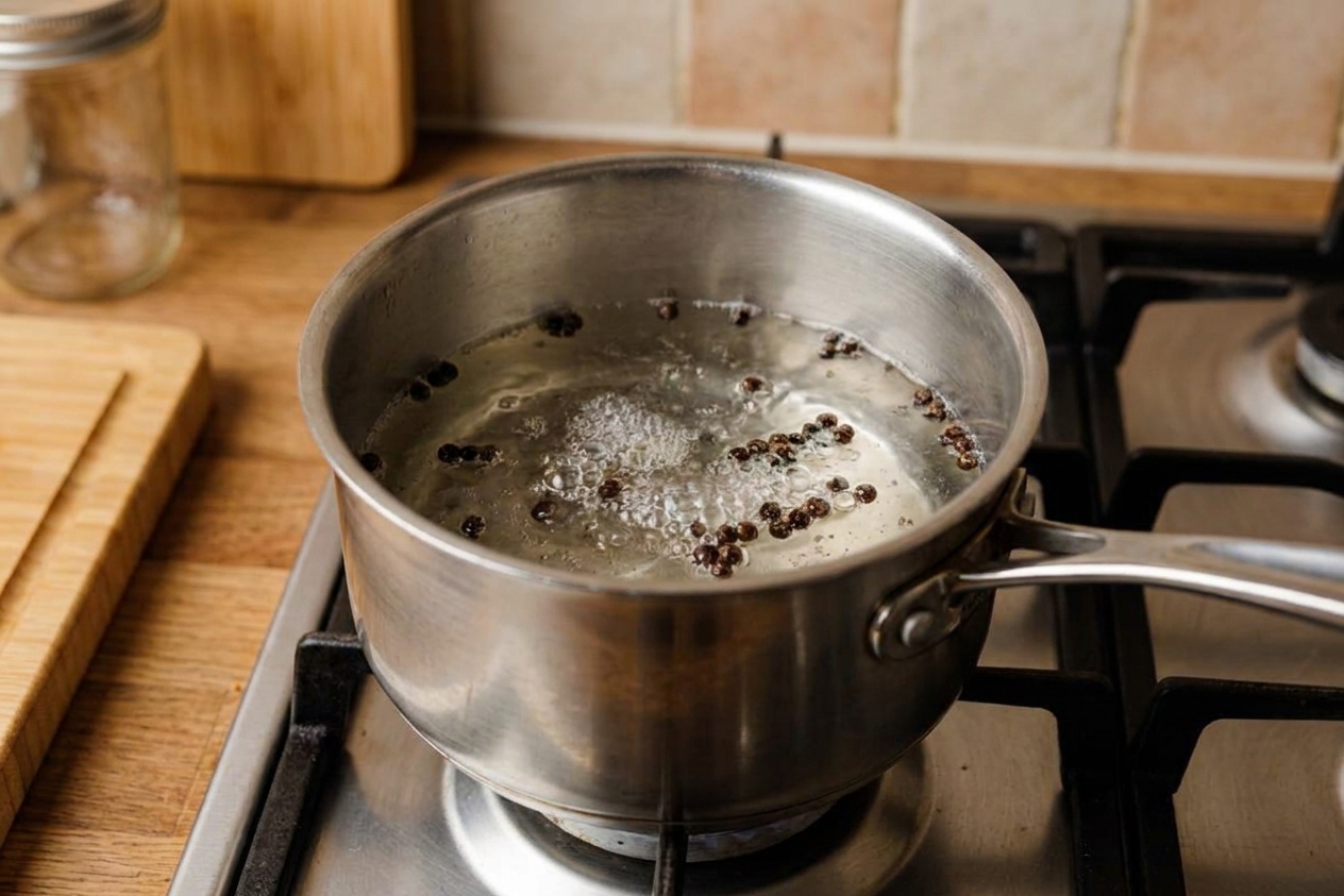 A small saucepan on a stovetop with pickling brine gently simmering and peppercorns floating on the surface, warm kitchen lighting