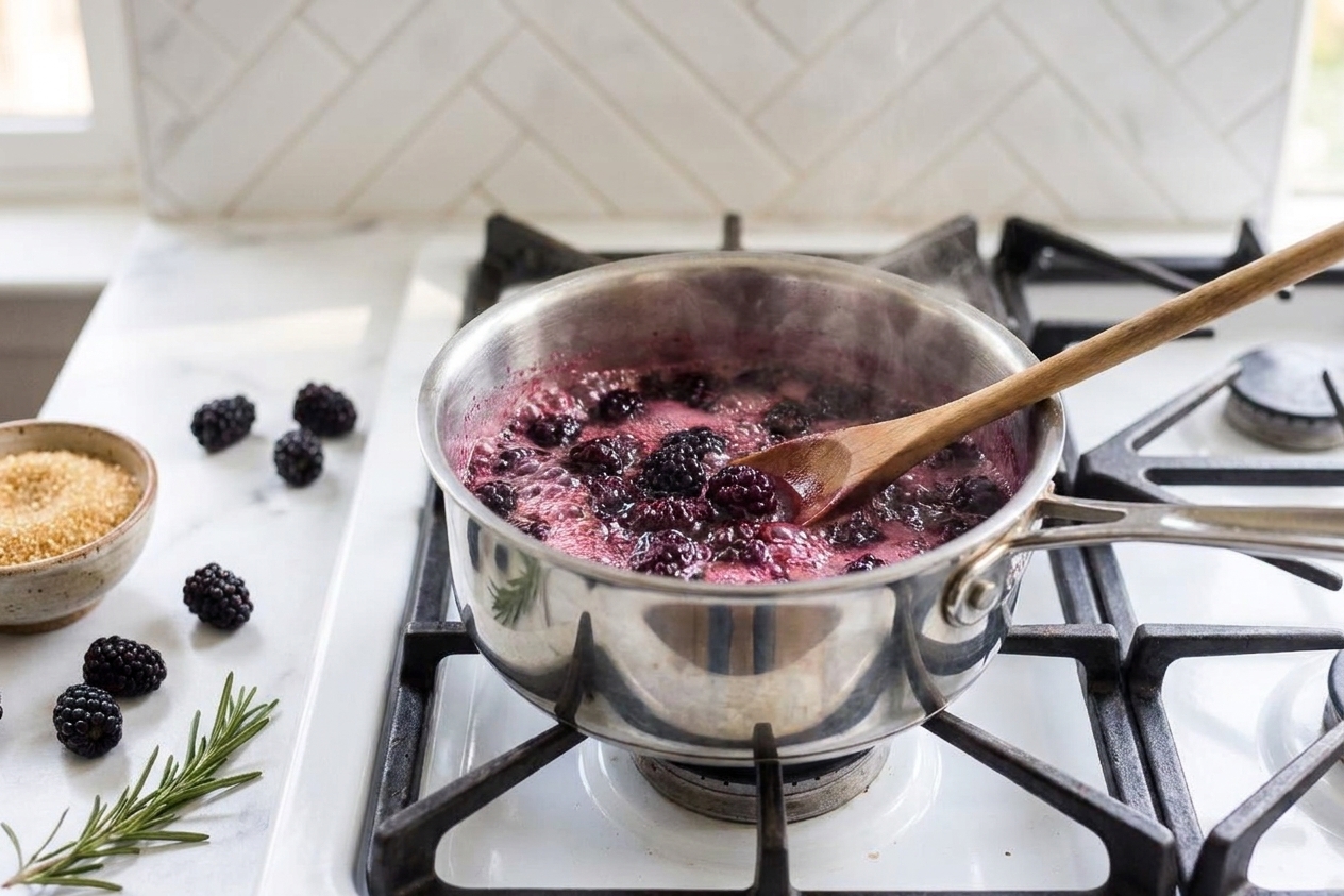 A small saucepan on a stovetop with simmering blackberries and sugar bubbling into a thick purple syrup, with a wooden spoon resting nearby