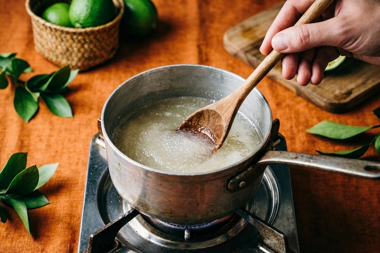 A small saucepan on a stovetop with sugar and water being stirred to dissolve, showing the start of simple syrup