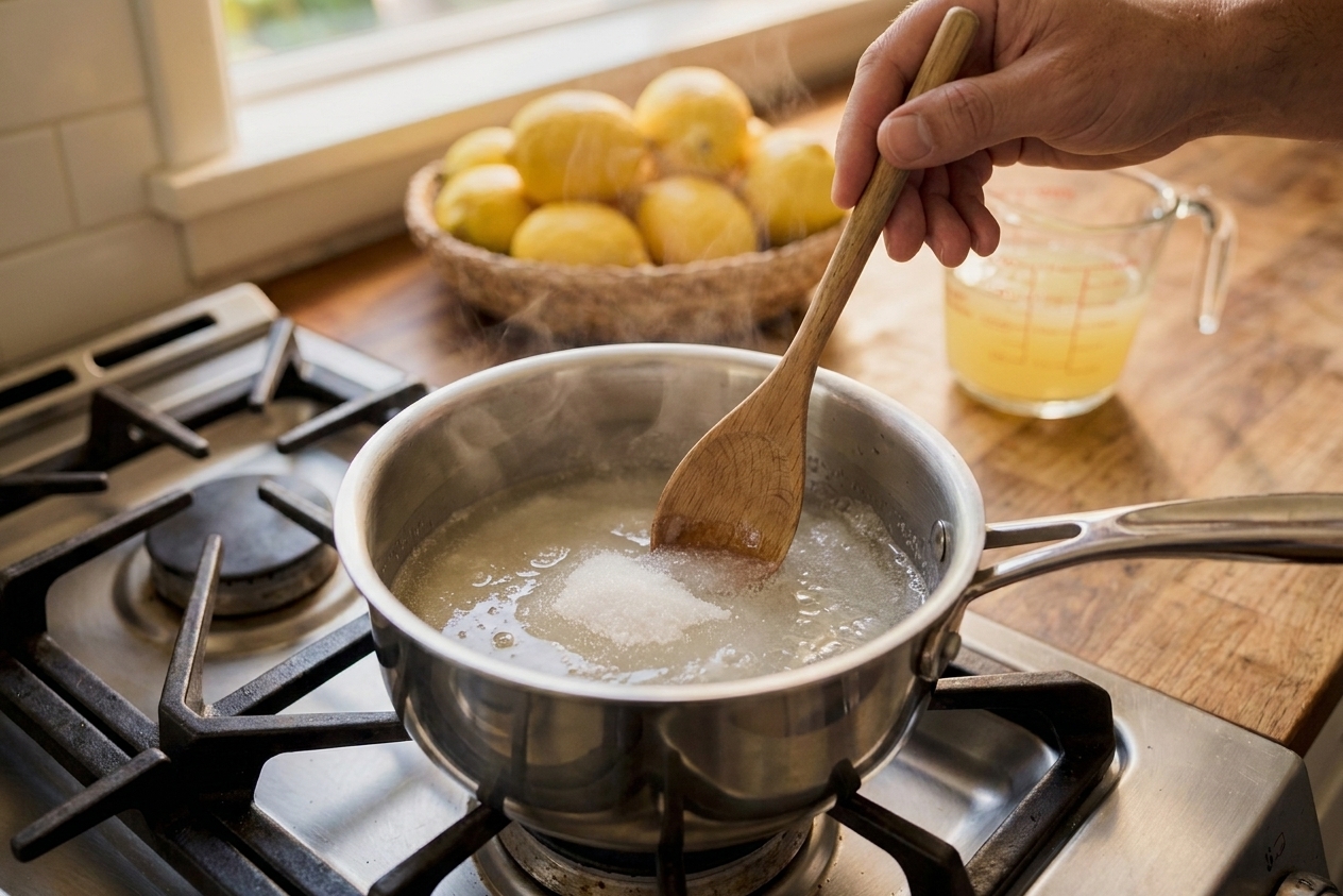 A small saucepan on a stovetop with sugar dissolving into water to make simple syrup