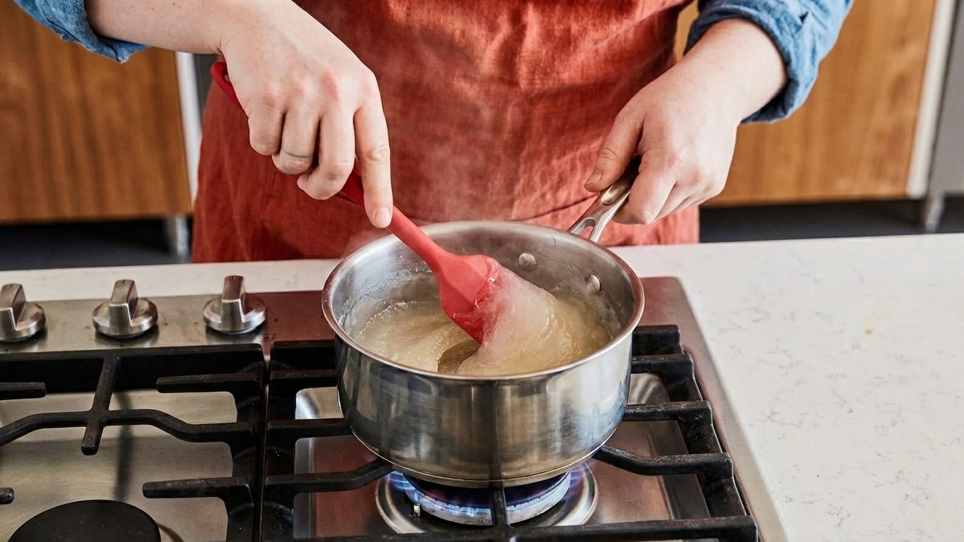 A small saucepan on a stovetop with thick tangzhong paste being stirred with a silicone spatula